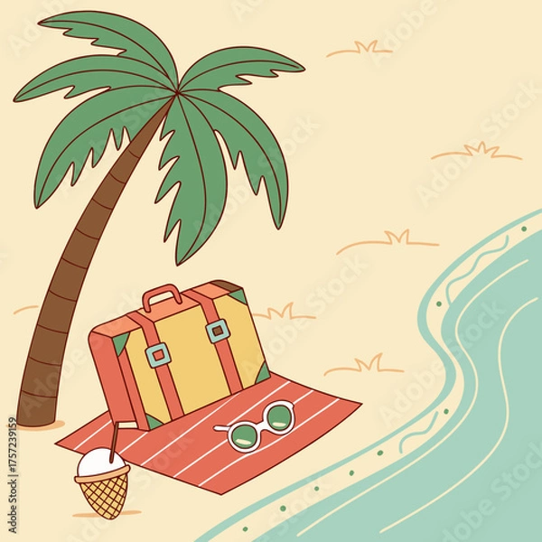 Fototapeta Tropical Beach Getaway Illustration with a Suitcase and Palm Tree