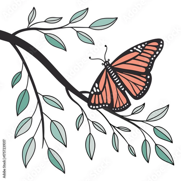 Fototapeta Elegant Illustration of an Orange Butterfly Resting on a Branch
