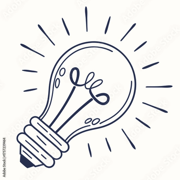 Fototapeta Hand-drawn glowing light bulb doodle representing a creative idea
