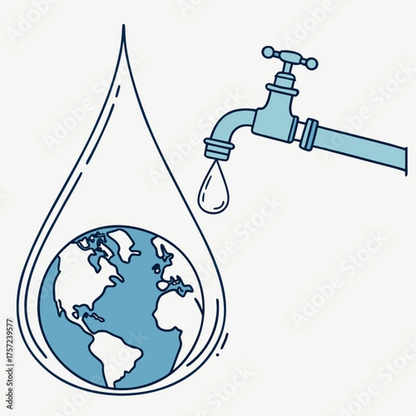 Obraz Dripping faucet and Earth in a water drop symbolizing conservation