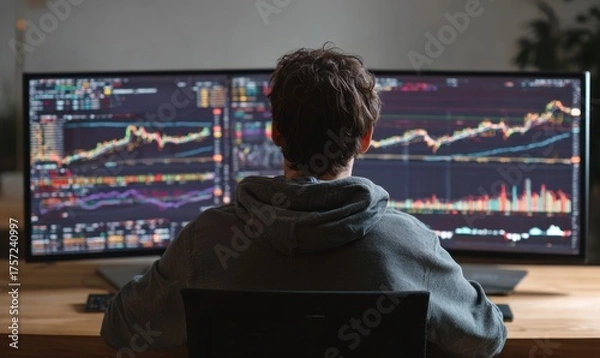 Obraz Person Analyzing Financial Charts on Multiple Computer Monitors