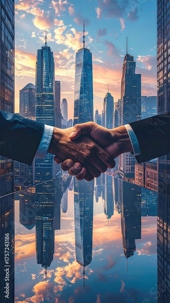Obraz Businessmen Handshake Over Cityscape Reflection