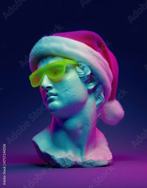 Obraz Christmas inspired classical statue bust styled in neon hues, wearing sunglasses and a red Santa hat against dark blue background. Fusion of antiquity, vaporwave, cyberpunk, and festive holiday spirit