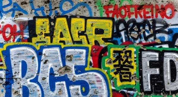 Obraz Vibrant graffiti art displayed on a textured urban wall with bold lettering