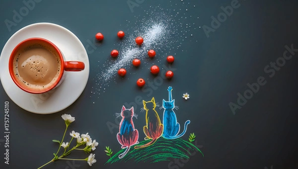 Fototapeta Colorful Chalk Cat Drawing and Red Coffee Cup with Berries on Dark Background with Powdered Sugar and Floral Accents