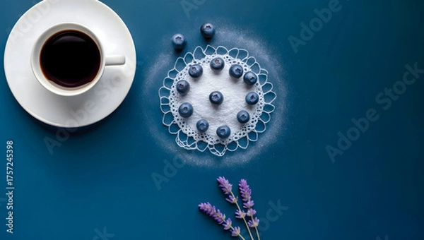 Fototapeta Flat Lay with Black Coffee, Blueberry Circle on Lace Sugar Pattern, and Lavender Sprigs on Dark Blue Background