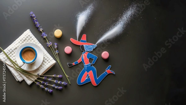 Fototapeta Flat Lay with Espresso, Lavender, Macarons, and Dynamic Cartoon Cutout on Black Background with Motion Effect