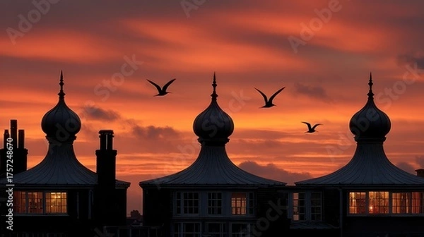 Fototapeta Dusk Over City Skyline With Dome Roofs And Migrating Birds In Flight