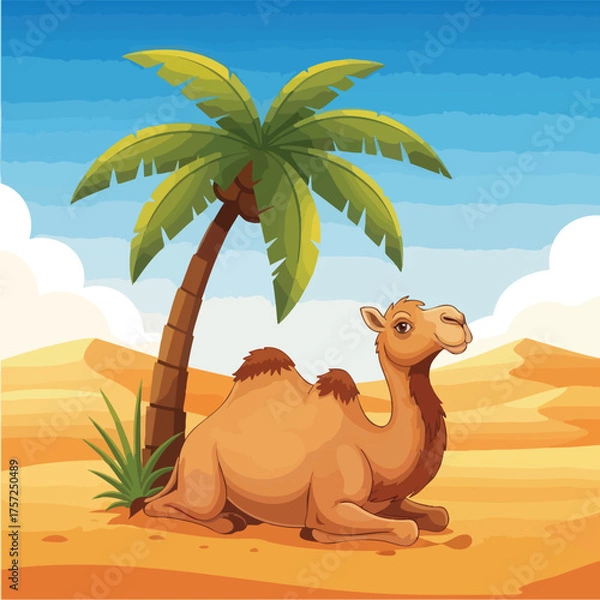 Fototapeta A single camel rests peacefully under a palm tree in the desert.
