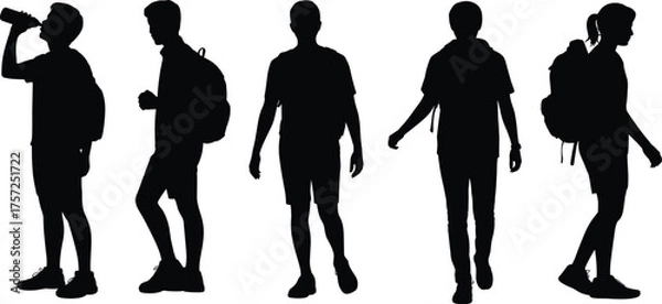 Obraz Backpack silhouette illustration, students walking standing poses, travel lifestyle vector, hiking commuter artwork, casual design, isolated black human figure graphic