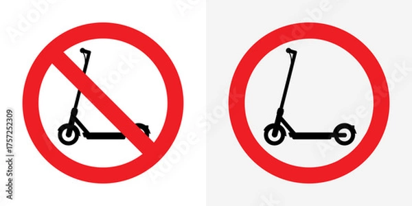 Fototapeta No electric scooter sign. Prohibition symbol with scooter icon in red circle. Vector illustration isolated on white background.