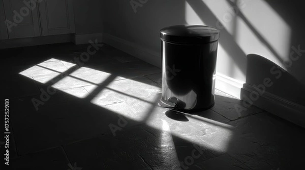 Fototapeta Sunlit Window Shadows Across a Dusty Floor and a Black Can in a Dim