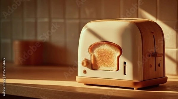 Fototapeta White Toaster With Golden Toast In Kitchen Light On Wooden Counter