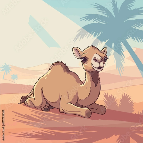 Fototapeta Adorable cartoon baby camel resting on the ground.
