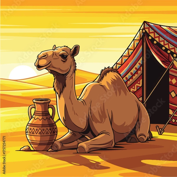 Fototapeta Camel Resting by Tent and Vase in Desert Landscape.