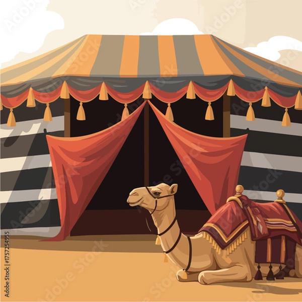 Fototapeta A camel rests in front of a traditional Bedouin tent.