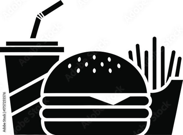 Fototapeta Simple black silhouette of a burger drink and fries meal
