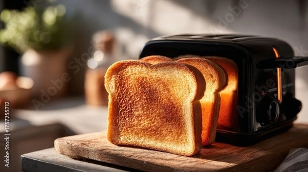 Fototapeta Golden Toast Slices Emerge From A Toaster On A Warm Kitchen Counter