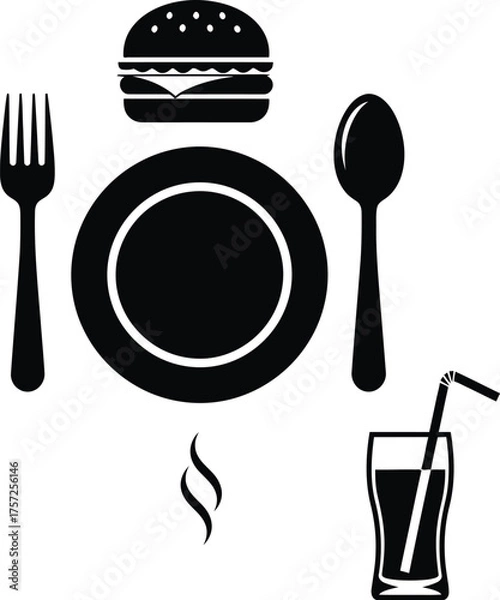 Fototapeta Simple silhouette of a burger meal with drink and utensils