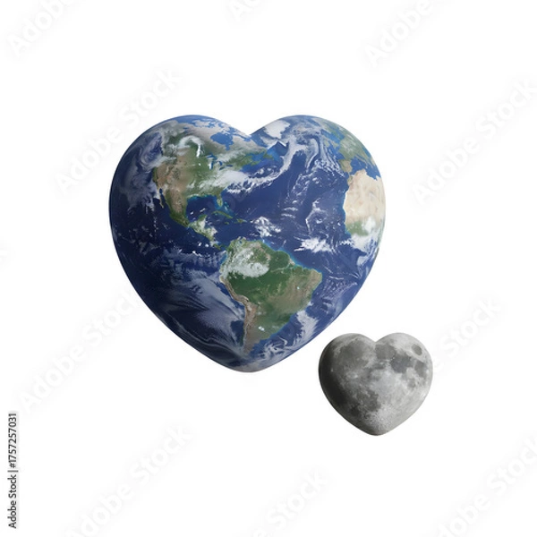 Fototapeta A heart-shaped Earth and a smaller heart-shaped Moon on a transparent background. The Earth displays continents and oceans vividly, while the Moon has a gray, cratered surface.
