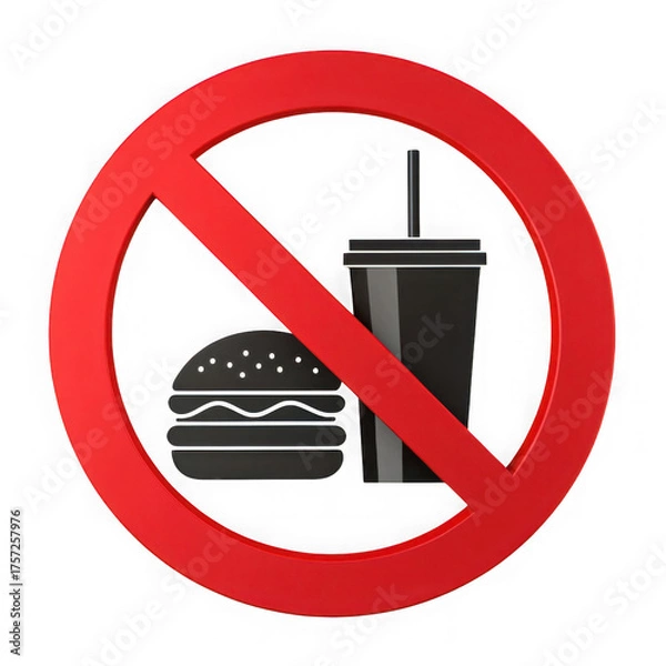 Fototapeta No food or drink allowed sign with burger and cup isolated on transparent background