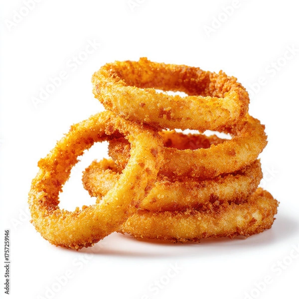Obraz Crispy fried onion rings stacked white background with golden