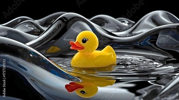 Obraz 水浴びをするラバーダック｜波打ったブラックの背景