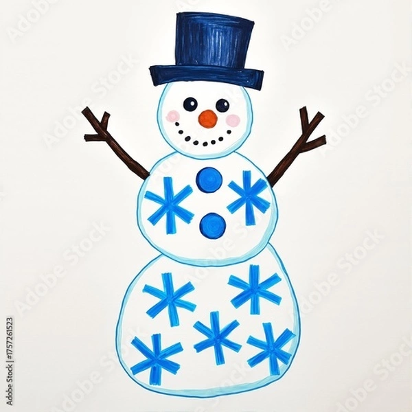 Fototapeta A child's drawing of a snowman with snowflakes and a blue top hat.
