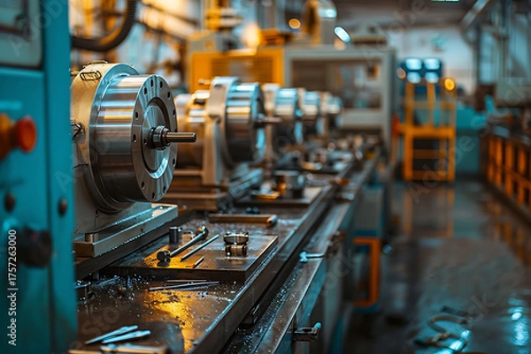 Fototapeta 精密な金属加工を行う工作機械が並ぶクリーンな製造現場