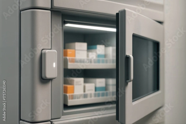 Fototapeta Automated Healthcare Cabinet Opened to Reveal Organized Medicine Boxes Indoors with Soft Lighting and Clean Design for Modern Medical Environment