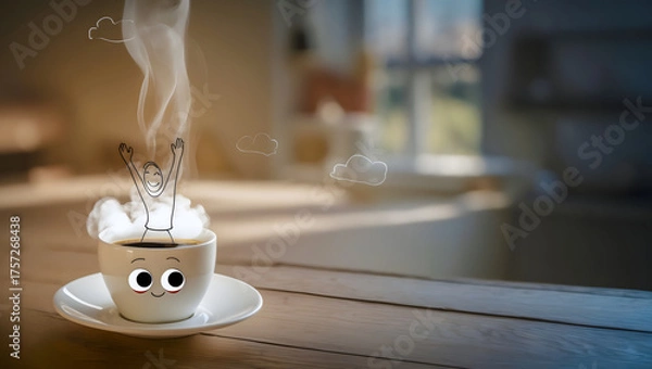 Fototapeta Playful coffee cup with cartoon face and joyful line-drawn figure on wooden table in cozy interior blending Real Texture with Playful Design