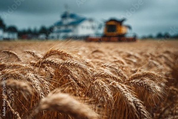 Obraz Golden Wheat Field Closeup At Dusk With Blurred Farmhouse In The