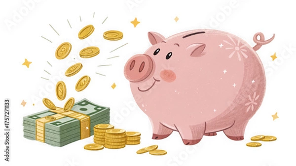 Fototapeta Pink piggy bank with money and coins isolated on transparent background