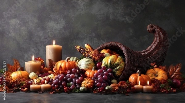 Fototapeta The empty cornucopia is surrounded by pumpkins, gourds, and grapes, with candles nearby. This scene symbolizes the abundance of the food bank's autumn harvest event.