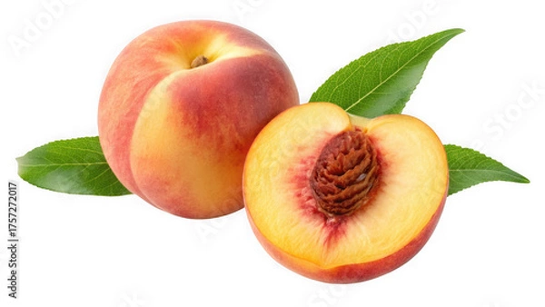 Fototapeta Fresh peach and a half peach with green leaves isolated on transparent background