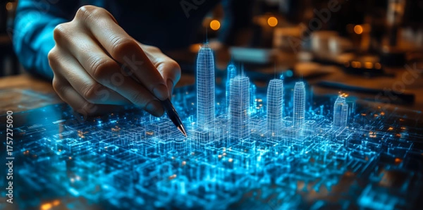 Fototapeta An architect brings architectural designs to life with 3D holographic construction models. Generative AI.