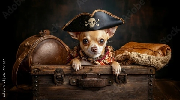 Fototapeta A small dog in a pirate costume posing in a professional studio with dramatic lighting and props