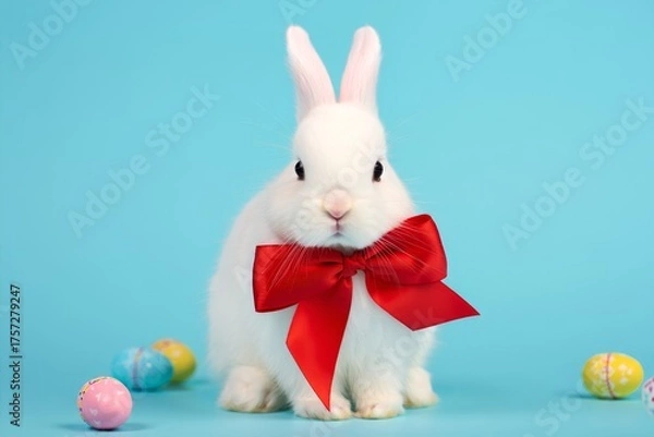 Fototapeta A Playful White Bunny Adorned with a Red Bow, Surrounded by Colorful Easter Eggs Against a Bright Blue Background