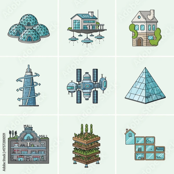 Fototapeta Collection of futuristic and modern architectural buildings and structures.