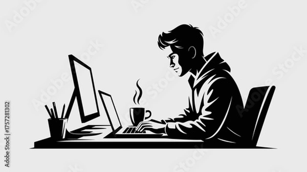 Fototapeta A monochrome illustration of a person working at a desk with a computer and a cup of steaming beverage