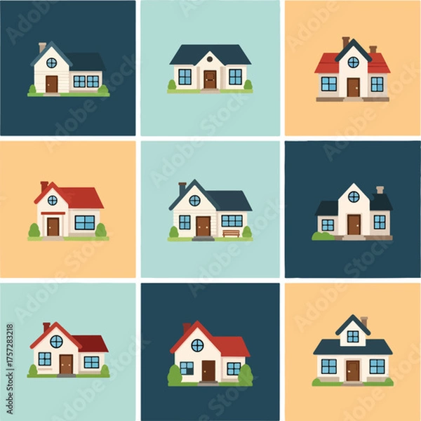 Fototapeta Collection of various house illustrations on different colored backgrounds.