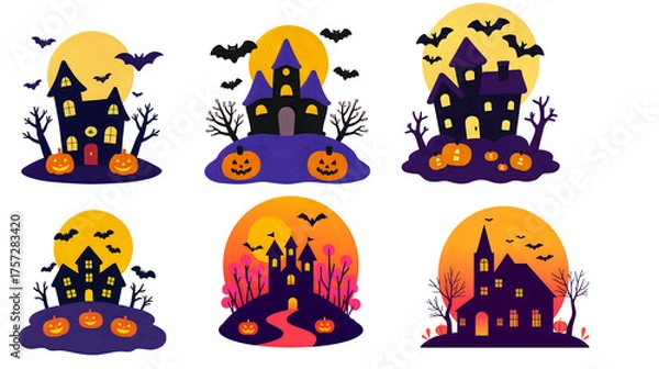 Obraz Spooky Haunted Houses and Scary Castles Illustration Set with Pumpkins, Bats, and Moon, Perfect for Halloween Party Decorations and Festive Seasonal Designs