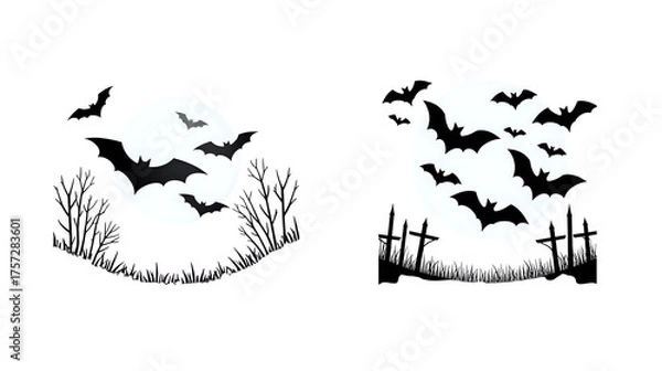 Obraz Spooky Halloween Night Bats Flying Over Cemetery and Grass Silhouettes