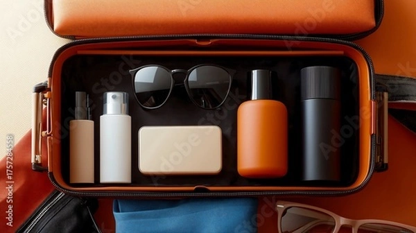 Fototapeta Open suitcase mockup with organized travel items: skincare, power bank, sunglasses, travel-size bottles, minimal style