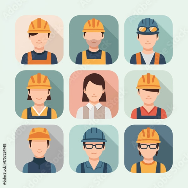 Fototapeta Construction worker icons representing diverse individuals in the field.
