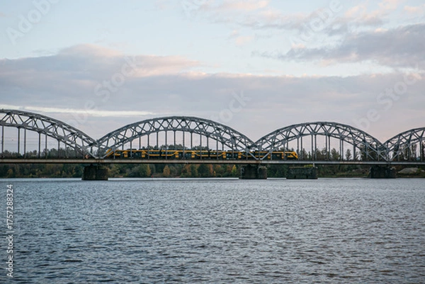 Fototapeta metal bridge over river with a train 