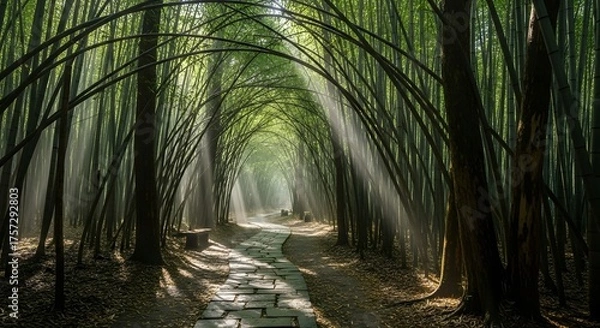 Obraz Enchanting forest path sunlight rays serene nature landscape mystical atmosphere