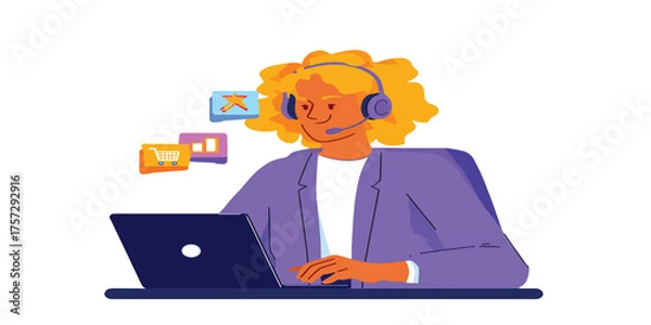 Fototapeta Customer service agent with headset working on a laptop for online business support