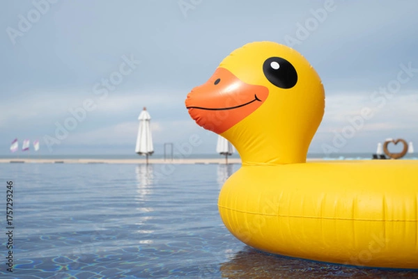 Obraz Yellow inflatable duck float in swimming pool with sea and beach background, ideal for summer holiday themes, beach resort marketing, vacation content, and playful lifestyle imagery.