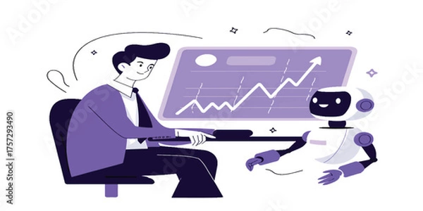 Fototapeta Businessman and AI robot analyzing a financial growth chart on a screen
